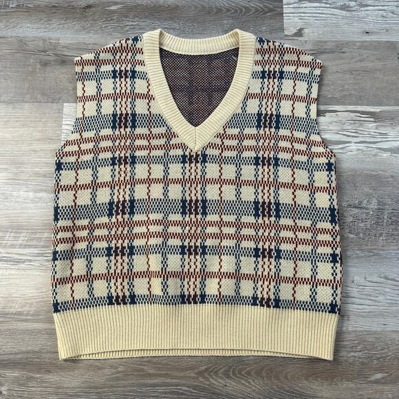 Dazy Sweater Vest Beige Plaid Knit V-Neck Pullover Indie Academia XL - Picture 1 of 6